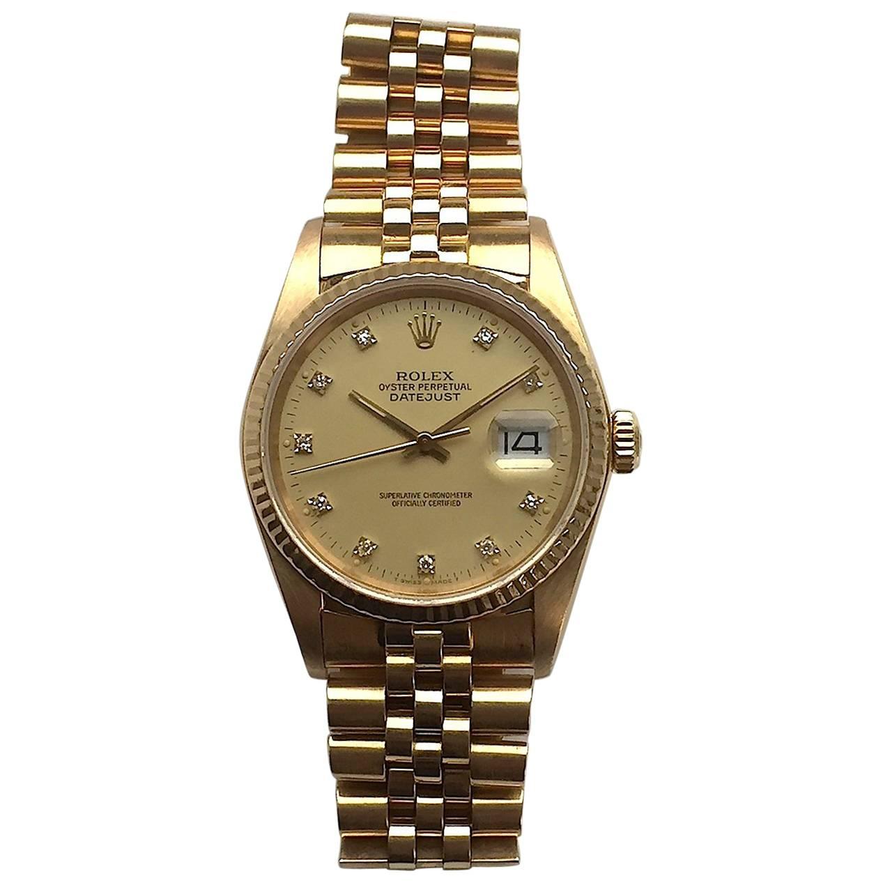 Rolex 18K Yellow Gold Oyster Perpetual Factory Diamond Dial Datejust Watch