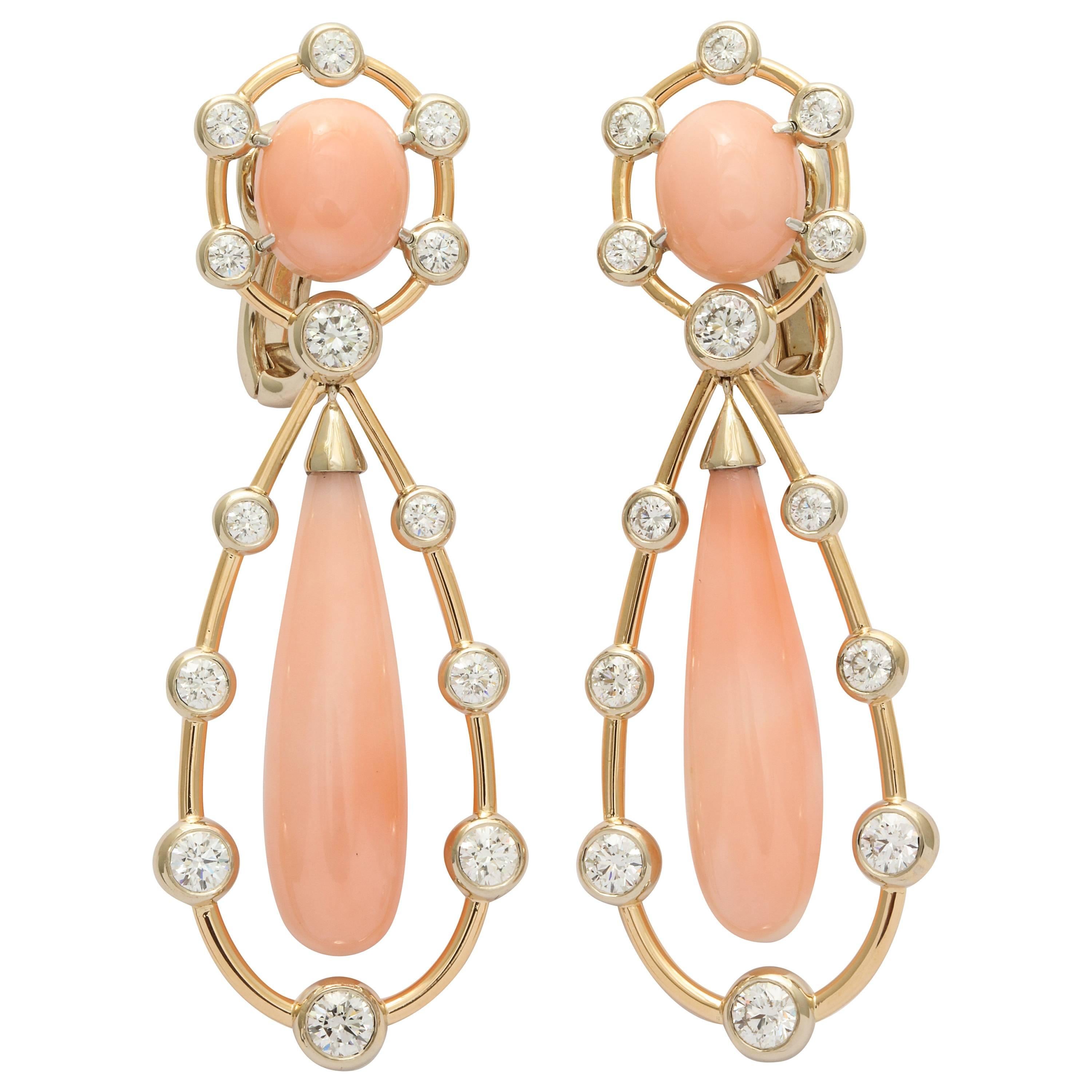 Angel Skin Coral Diamond Gold Drop Earrings
