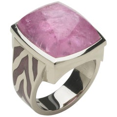 Annabel Eley Baby Pink Tourmaline 18 Karat White Gold Enamel Cocktail Ring