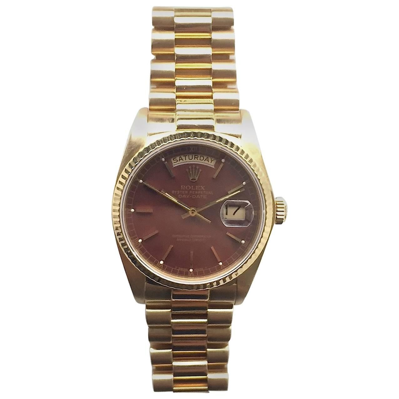 Rolex Yellow Gold Oxblood Stella Day-Date President Wristwatch with Papers For Sale