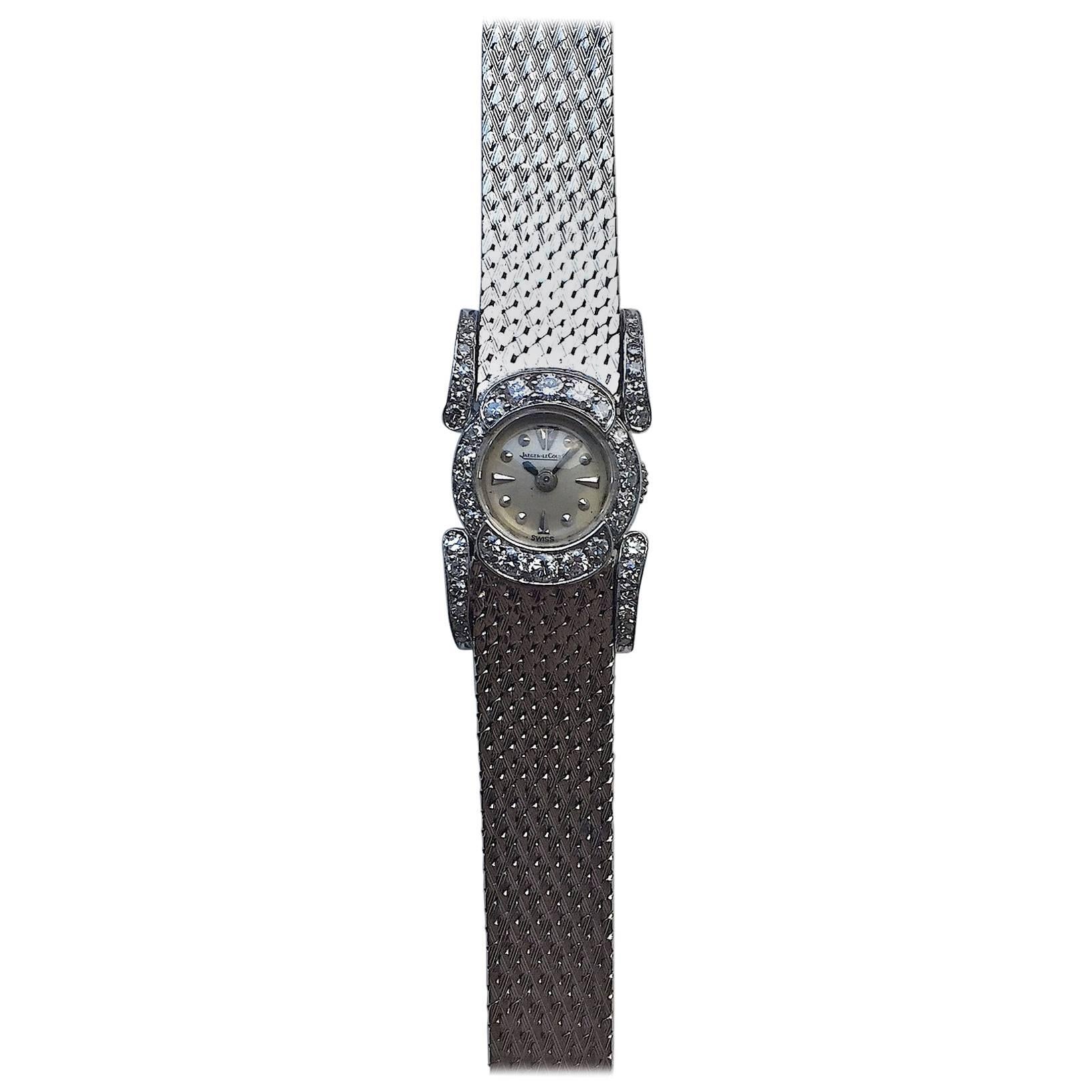 Jaeger LeCoultre Ladies White Gold Diamond Manual Wind Dress Wristwatch For Sale