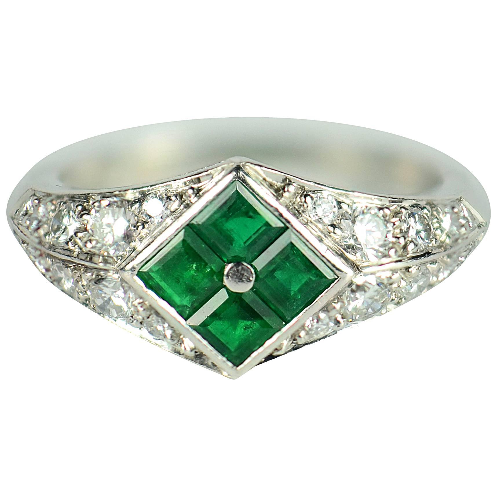 Checkerboard Invisibly-Set Emerald Diamond Pave Platinum Ring For Sale