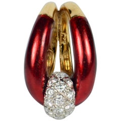 1960s Vourakis Red Enamel Pave Diamond Gold Buckle Ring