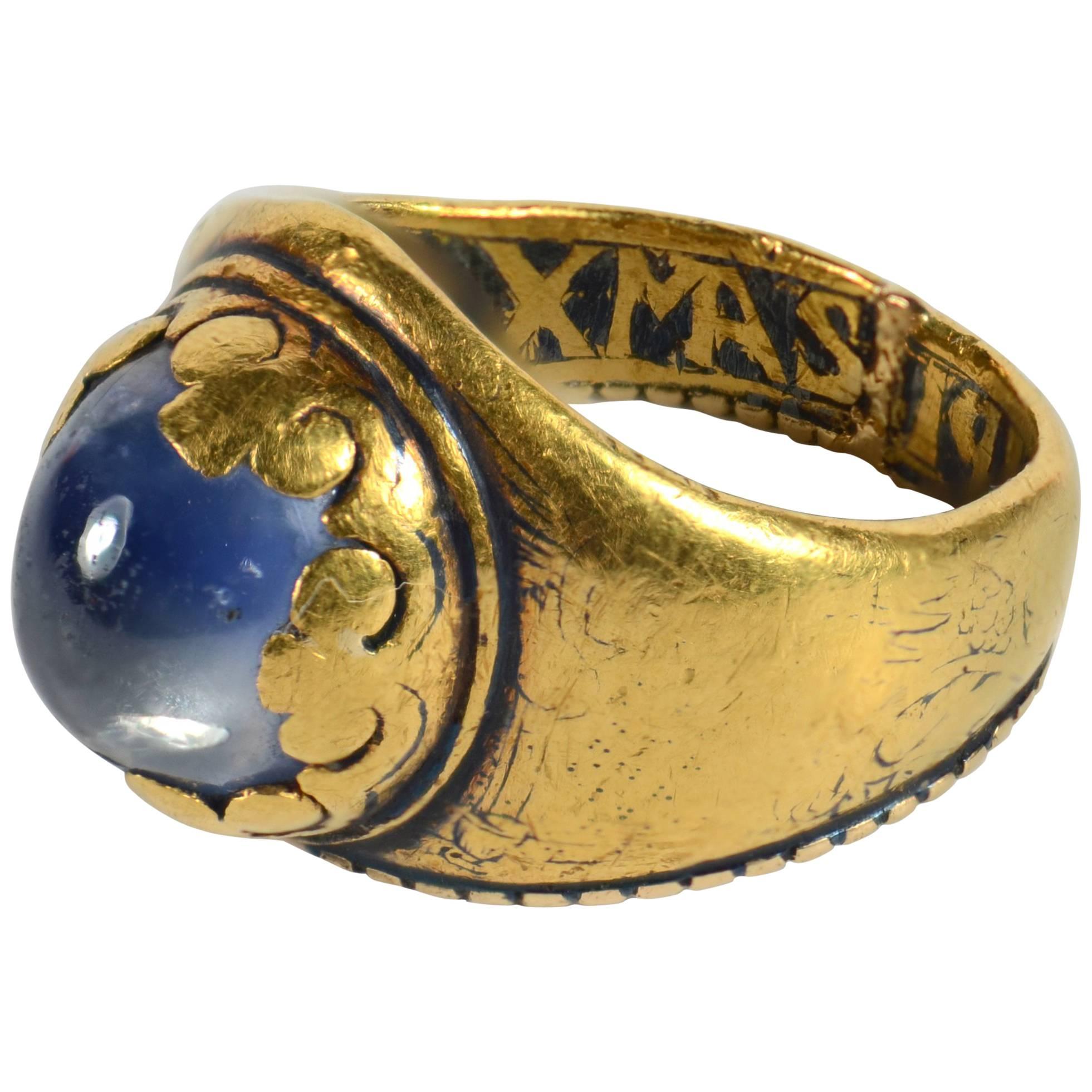 Antique 1912 Christmas Nativity Xmas Blue Sapphire Gold Niello Ring