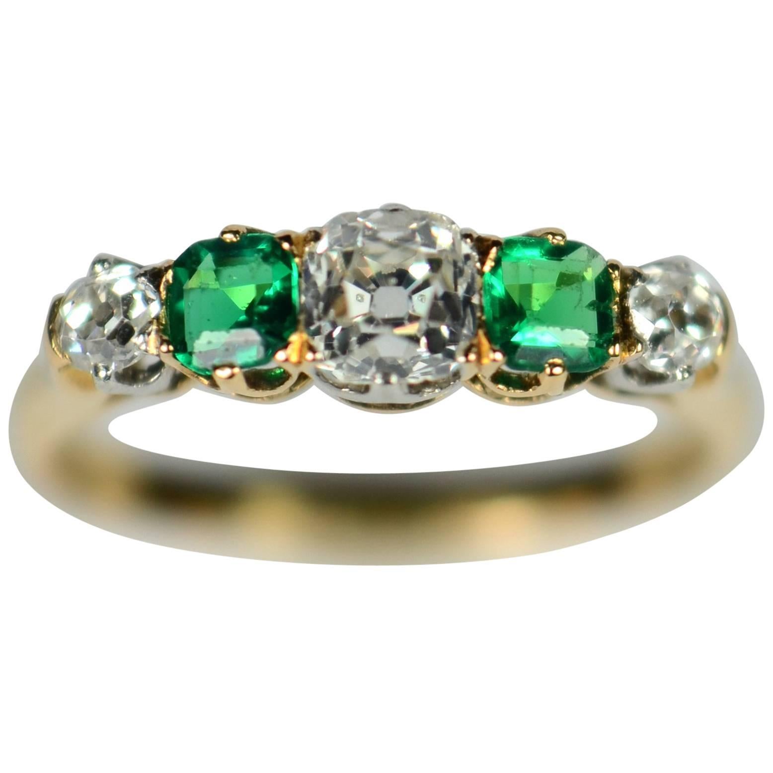 French Emerald Diamond Five-Stone White and Yellow Gold Engagement Ring