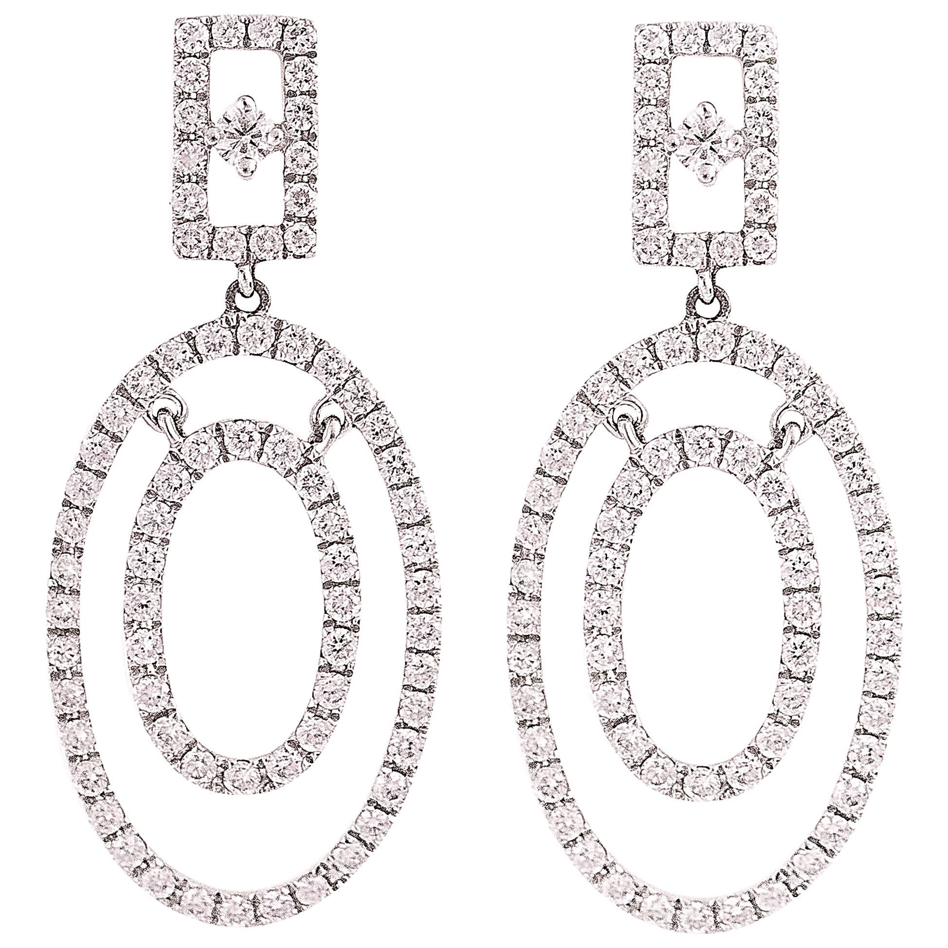 2 Carat Diamond and 18K White Gold Oval Chandelier Earrings