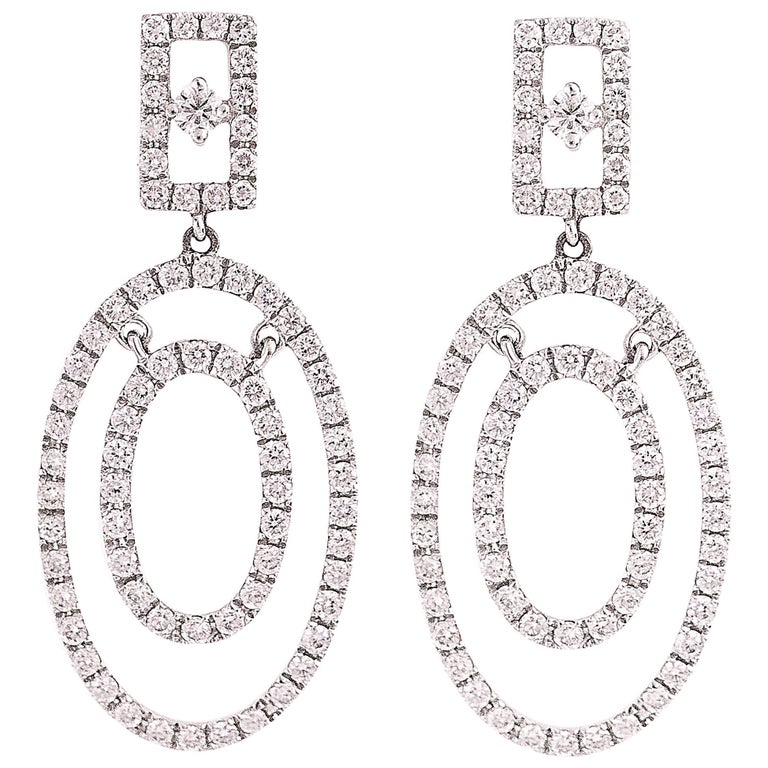 2 Carat Diamond and 18K White Gold Oval Chandelier Earrings For Sale at