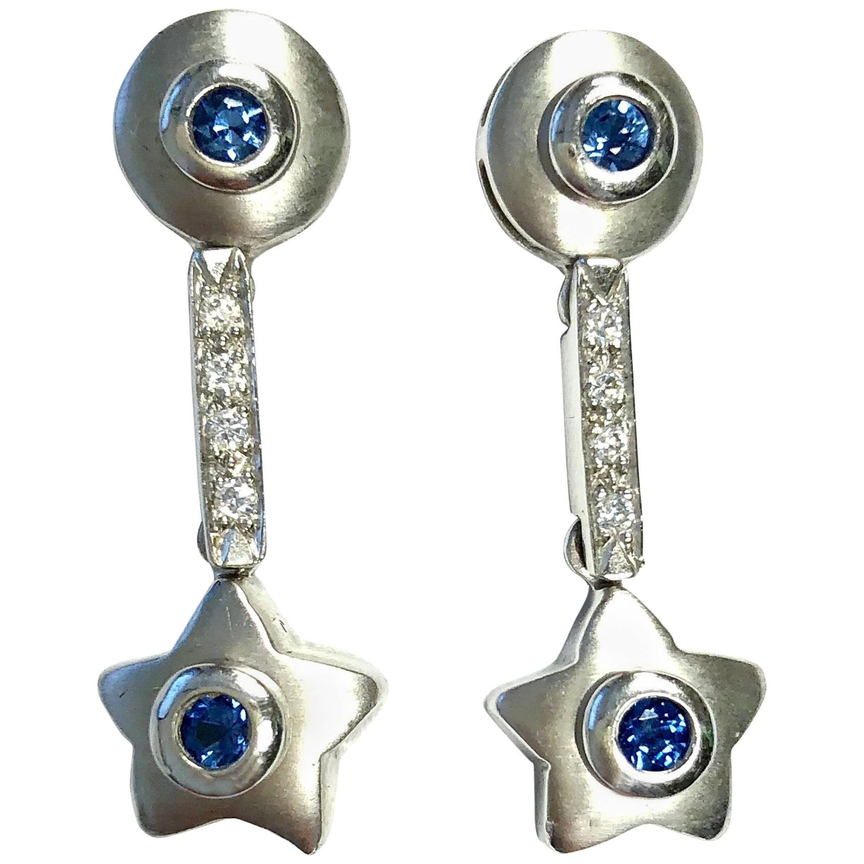 Sapphire and Diamond White Gold Dangling Star Earrings For Sale