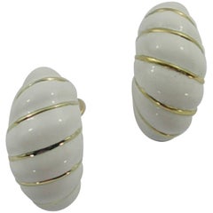 Yellow Gold and White Enamel Spiral Earrings