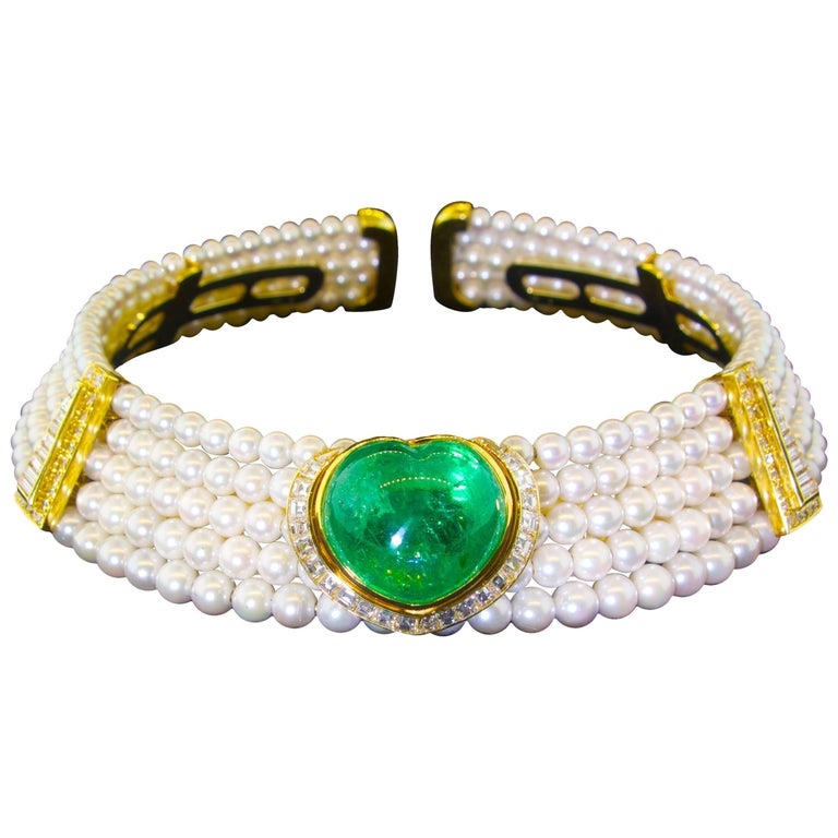 Important Heart Shaped Emerald, Diamond and Pearl Choker Necklace