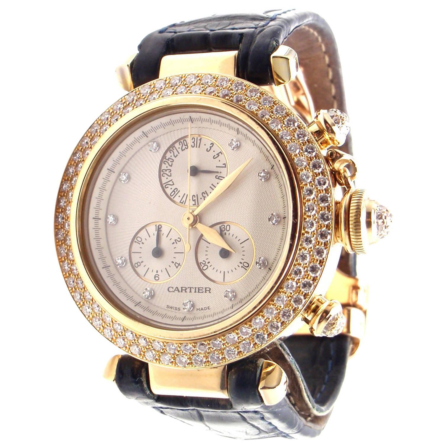 Cartier Yellow Gold Diamond Pasha Chronograph Quartz Wristwatch Ref 1354/1