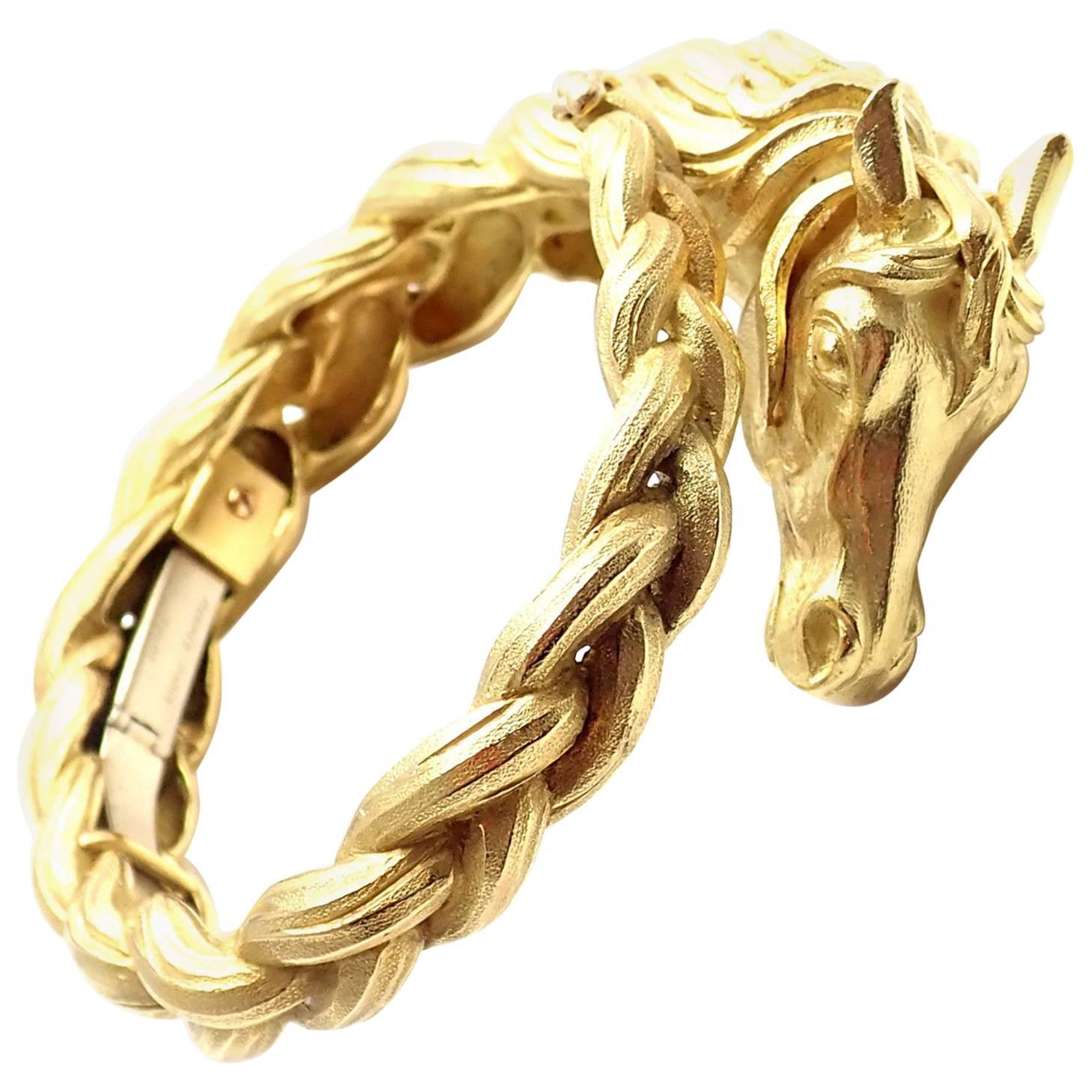 Hermes Paris Sculpted Horse Yellow Gold Bangle Bracelet