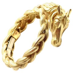 Vintage Hermes Paris Sculpted Horse Yellow Gold Bangle Bracelet