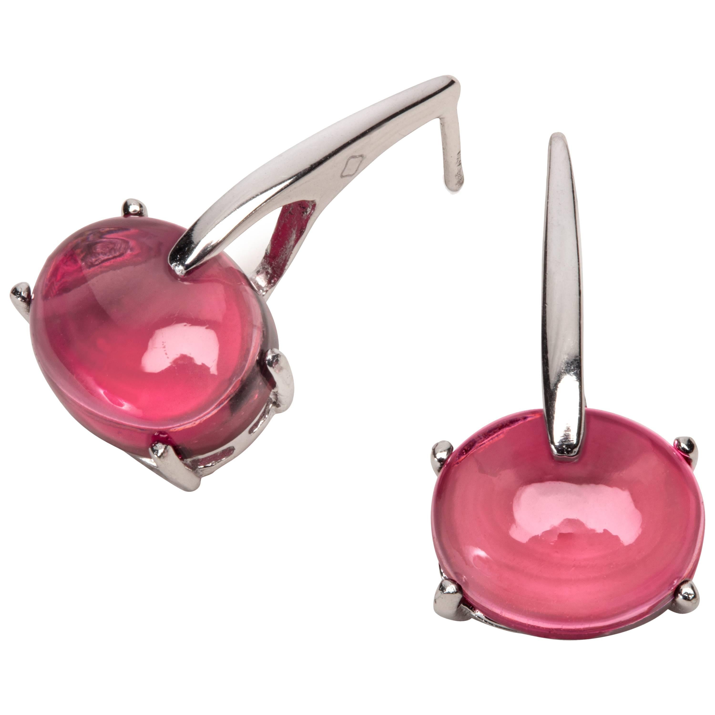 Rhodium Sterling Silver Vermeil Pink Tourmaline Quartz Drop Long Modern Earrings