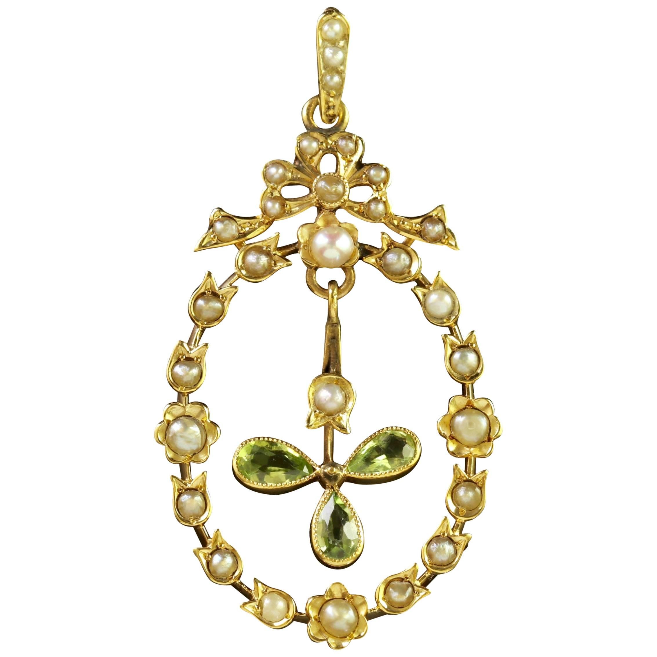 Antique Edwardian Peridot Pearl Pendant 18 Carat Gold For Sale