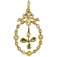 Antique Edwardian Peridot Pearl Pendant 18 Carat Gold