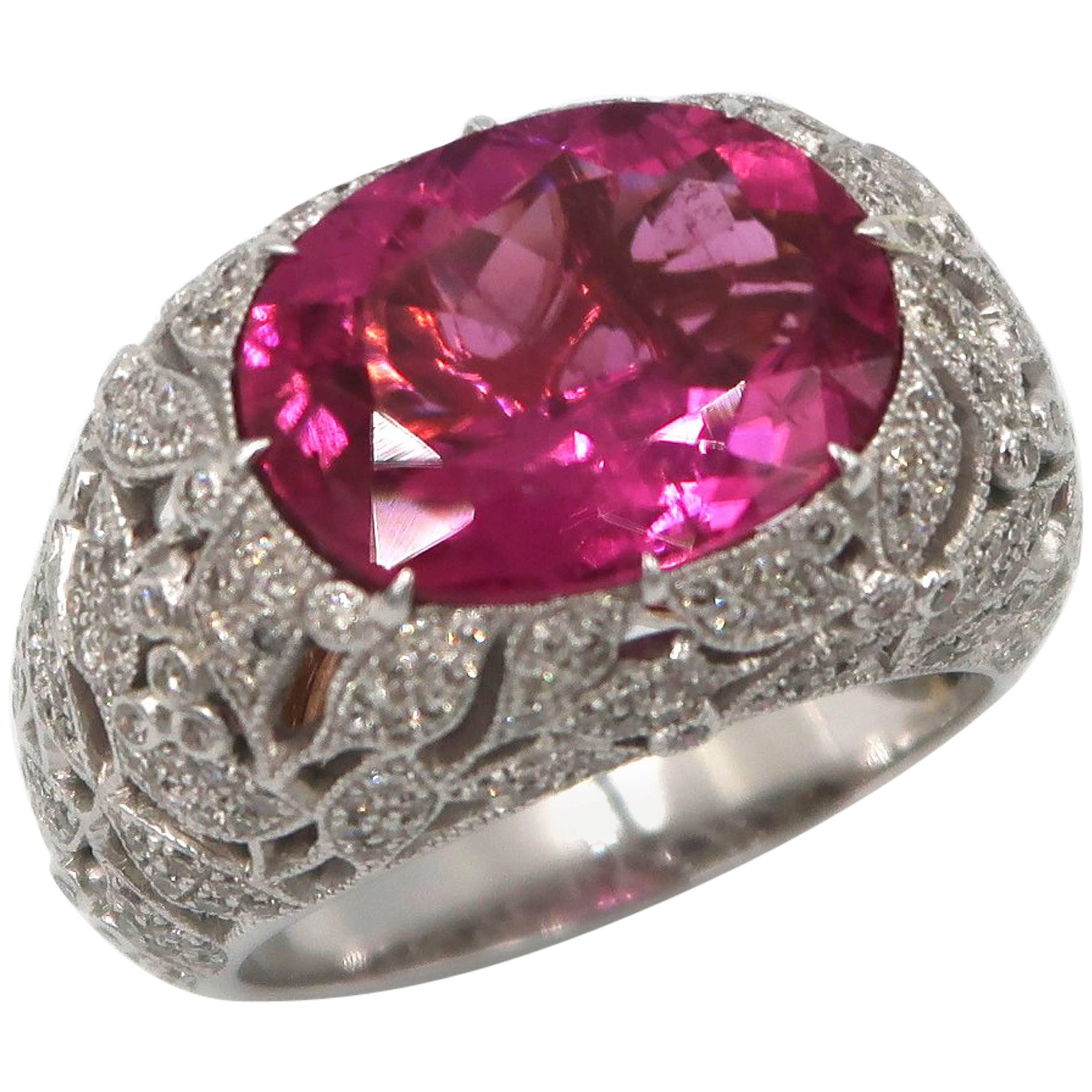 5.5 Carat Large Oval Pink Tourmaline Diamond White Gold Lace Work Ring