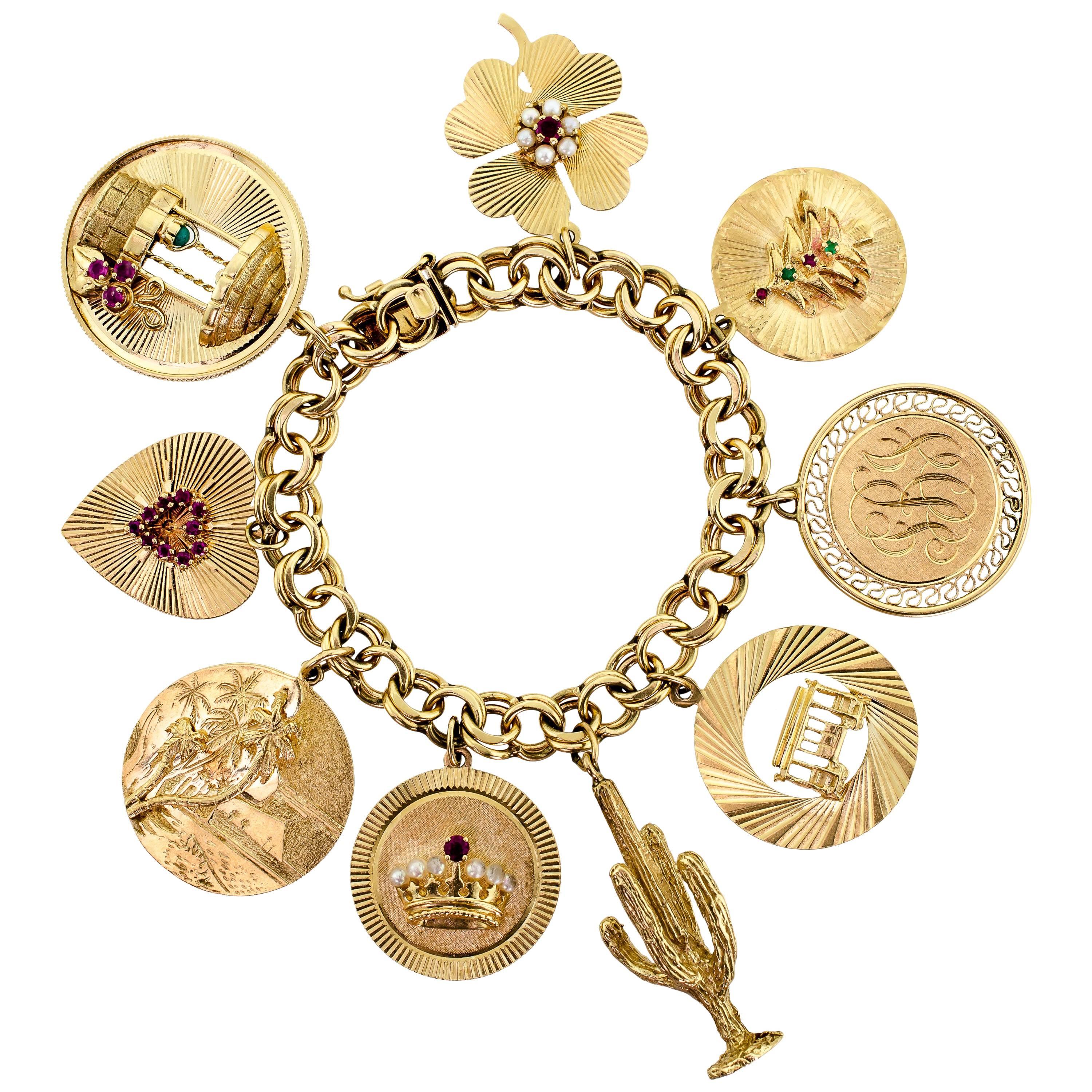 Midcentury Heavy Chunky 14 Karat Yellow Gold Charm Bracelet at 1stDibs chunky gold charm