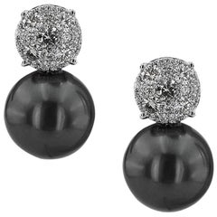 White Gold Tahiti Sea Pearl with Brilliant Cut 1.00 ct Diamonds Earrings