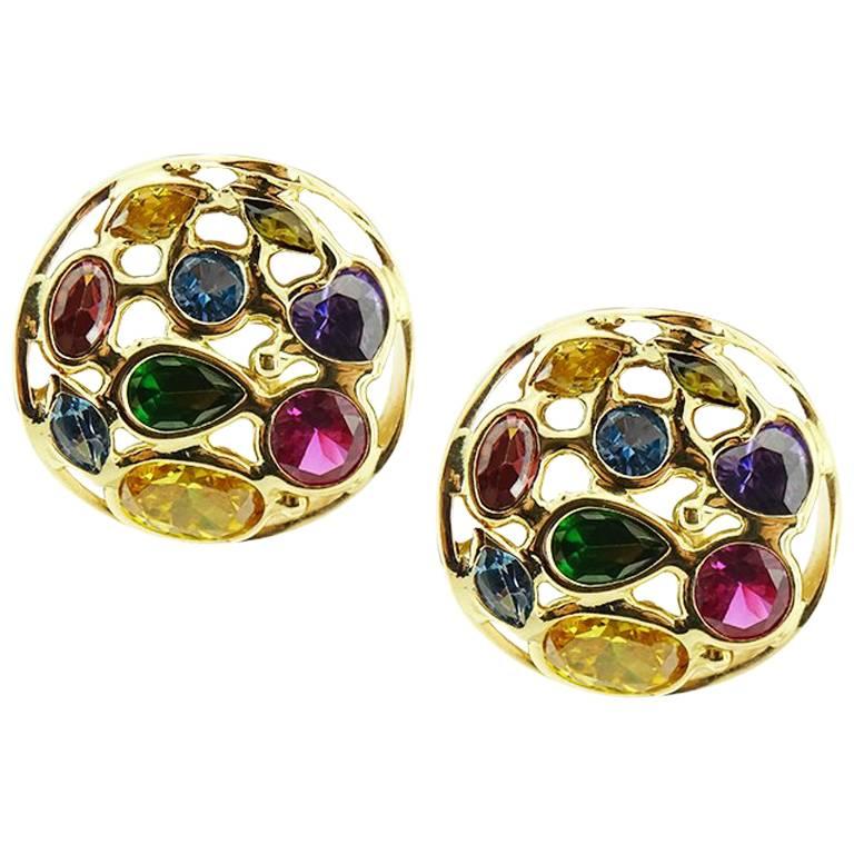 Yellow Gold Round with Multicolored Stones Earrings
