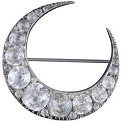 Antique Victorian Silver Crescent Moon Paste Brooch, circa 1860