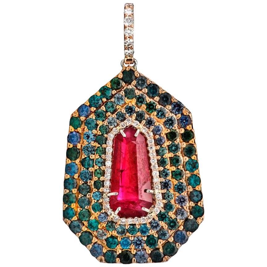3.02 Carat Kite Shape Ruby, Diamond and Garnet Rose Gold Pendant with GIA Report