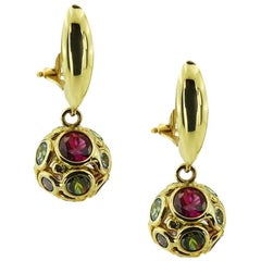 Yellow Gold Ball with Multi-Colored Stones Earrings