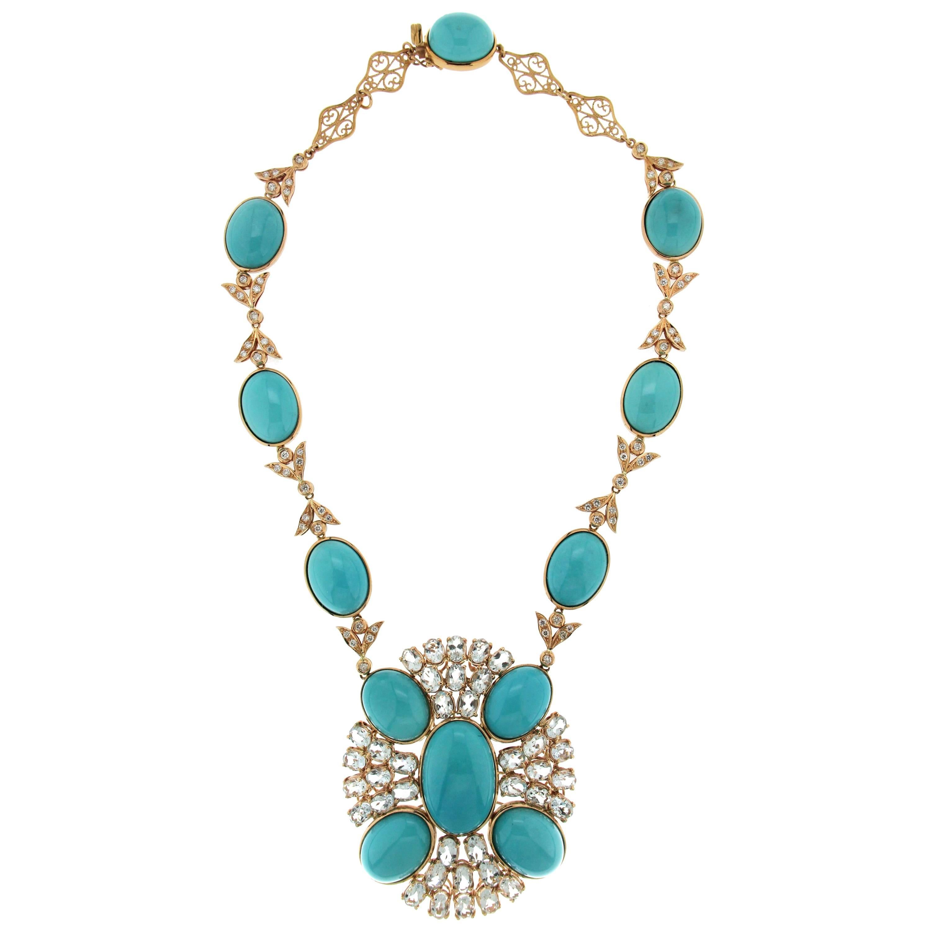Turquoise Yellow Gold Diamonds, Aquamarine Necklace