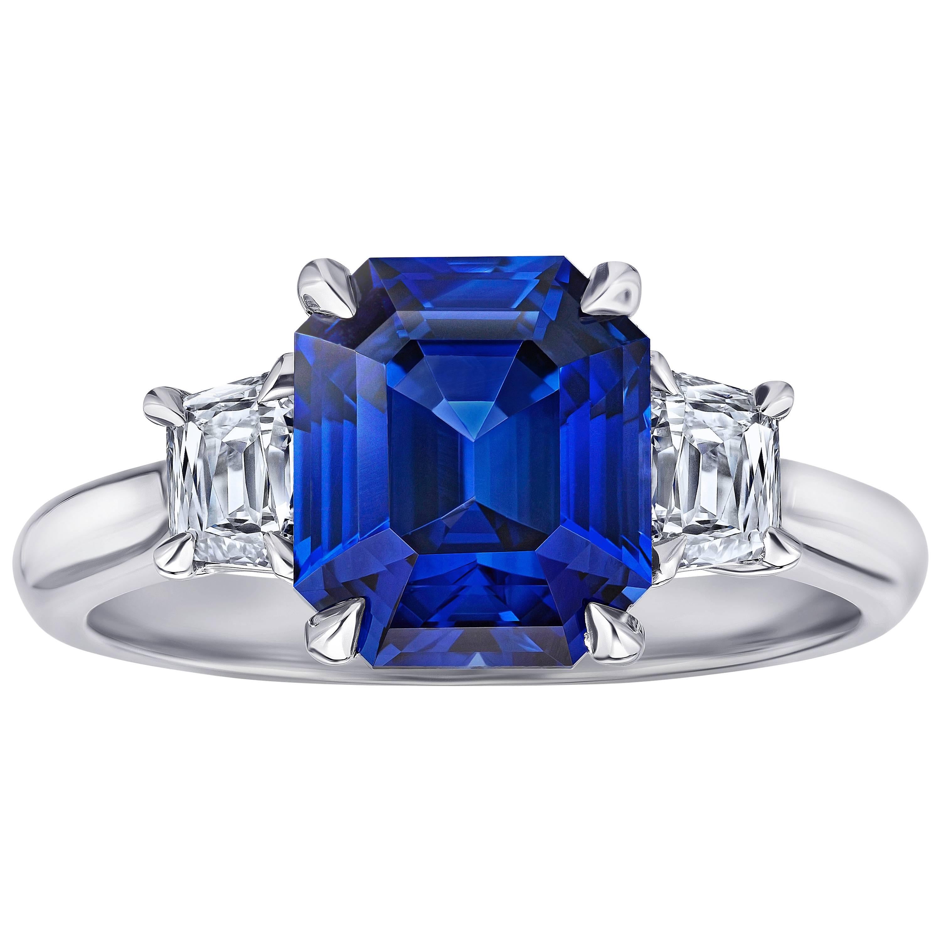 3.86 Carat Emerald Cut Blue Sapphire Platinum Ring