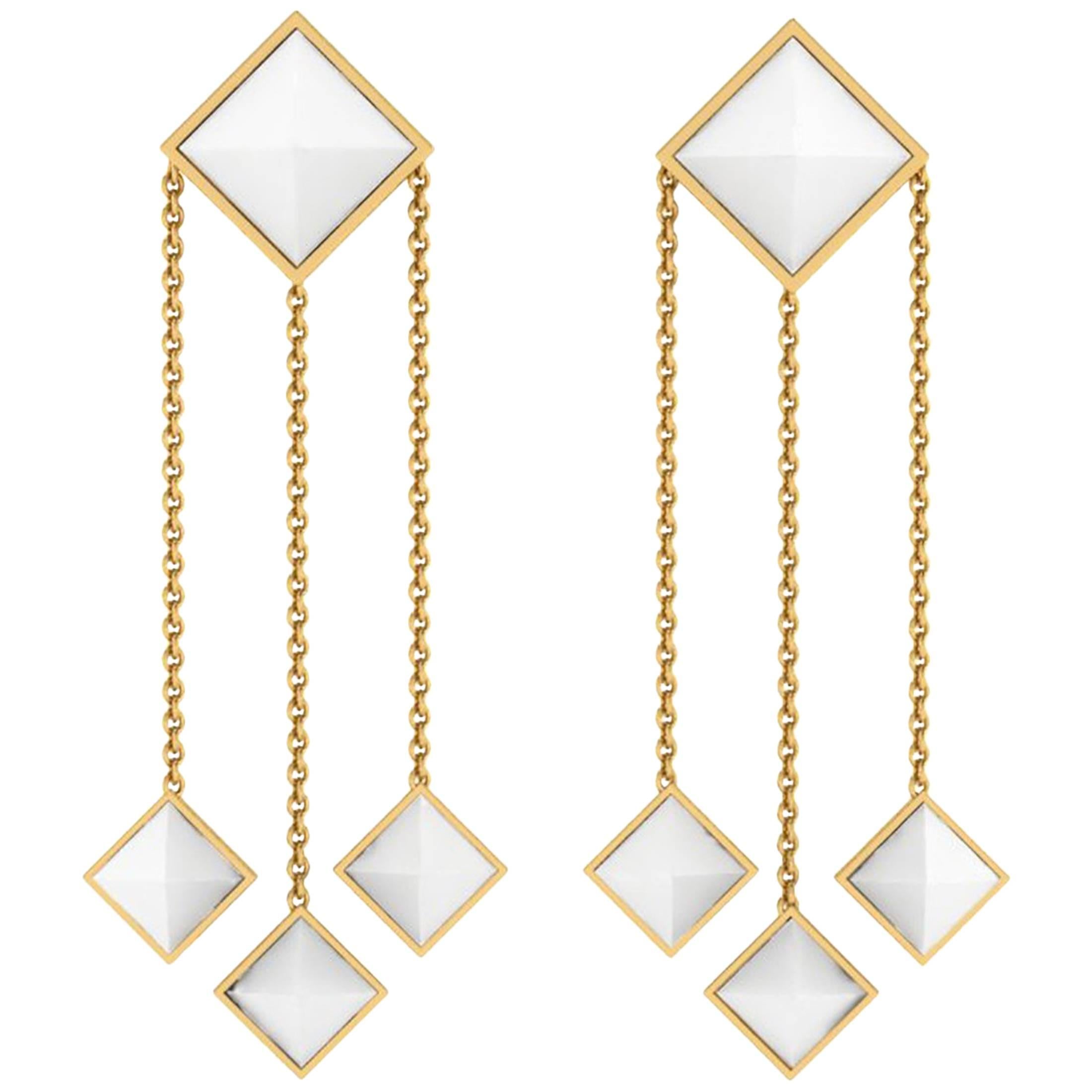 Ferrucci White Agate Pyramids Dangling 18 Karat Yellow Gold Earrings For Sale