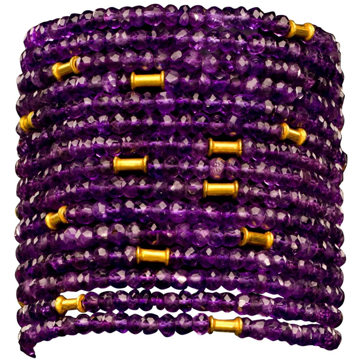 Dancing Apsara Gold and Amethyst Cuff Bead Bracelet