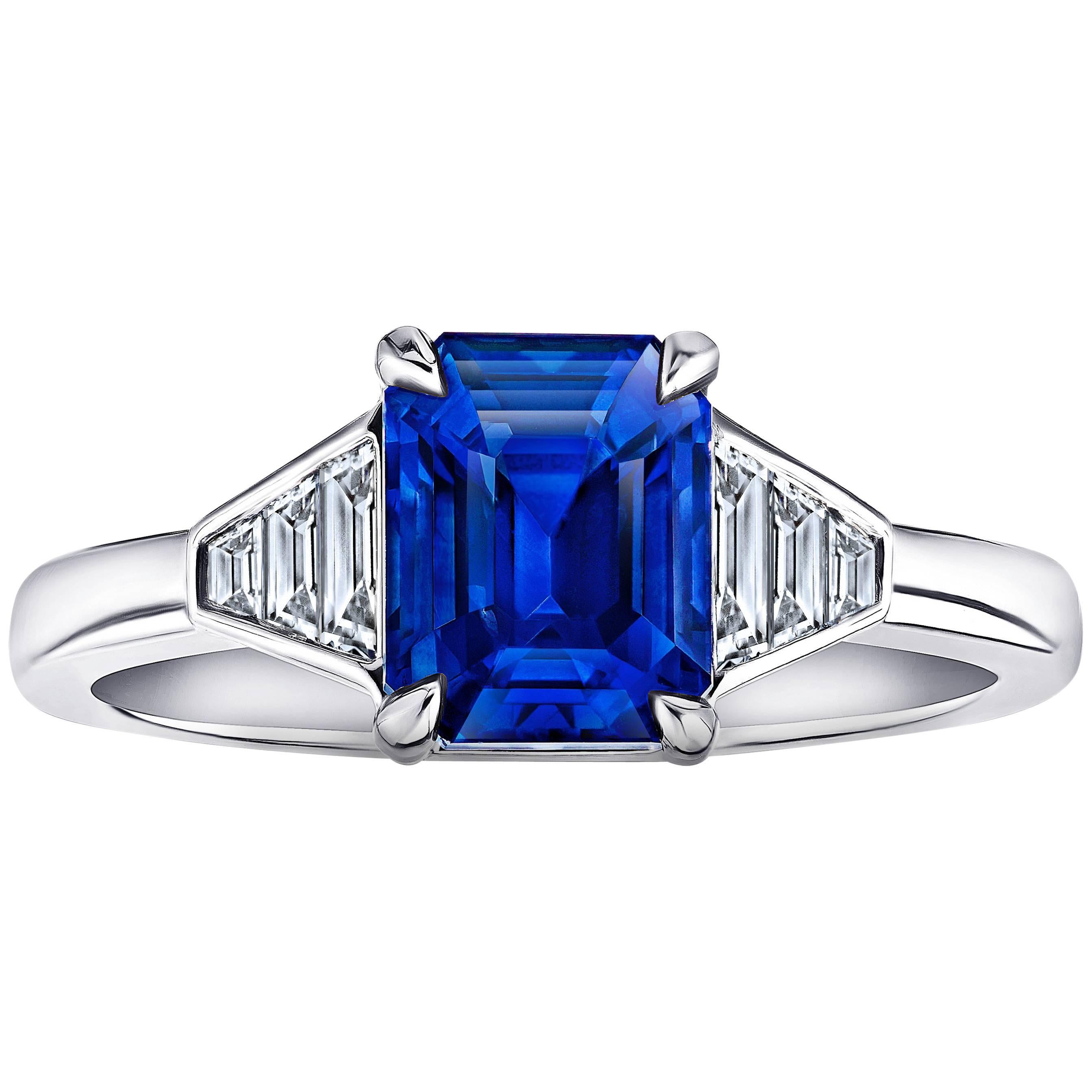 3.01 Carat Emerald Cut Blue Sapphire and Diamond Platinum Ring