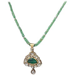 Carved Emerald Necklace with Polki Diamonds