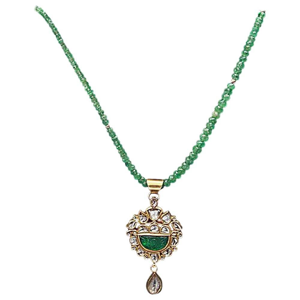 Carved Emerald with Diamonds Necklace Made In 18k Gold For Sale
