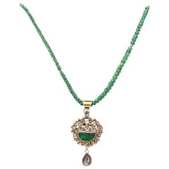Carved Emerald with Diamonds Beaded Necklace Made In 18k Gold