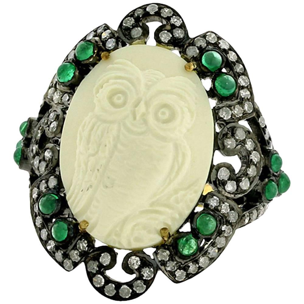 Owl Cameo Ring with Diamonds and Emeralds For Sale