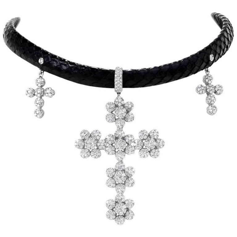 Diamond Cross Pendant Choker Necklace at 1stdibs