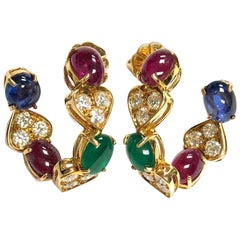 Emerald Ruby Sapphire and Diamond Yellow Gold Large Hoop Earrings