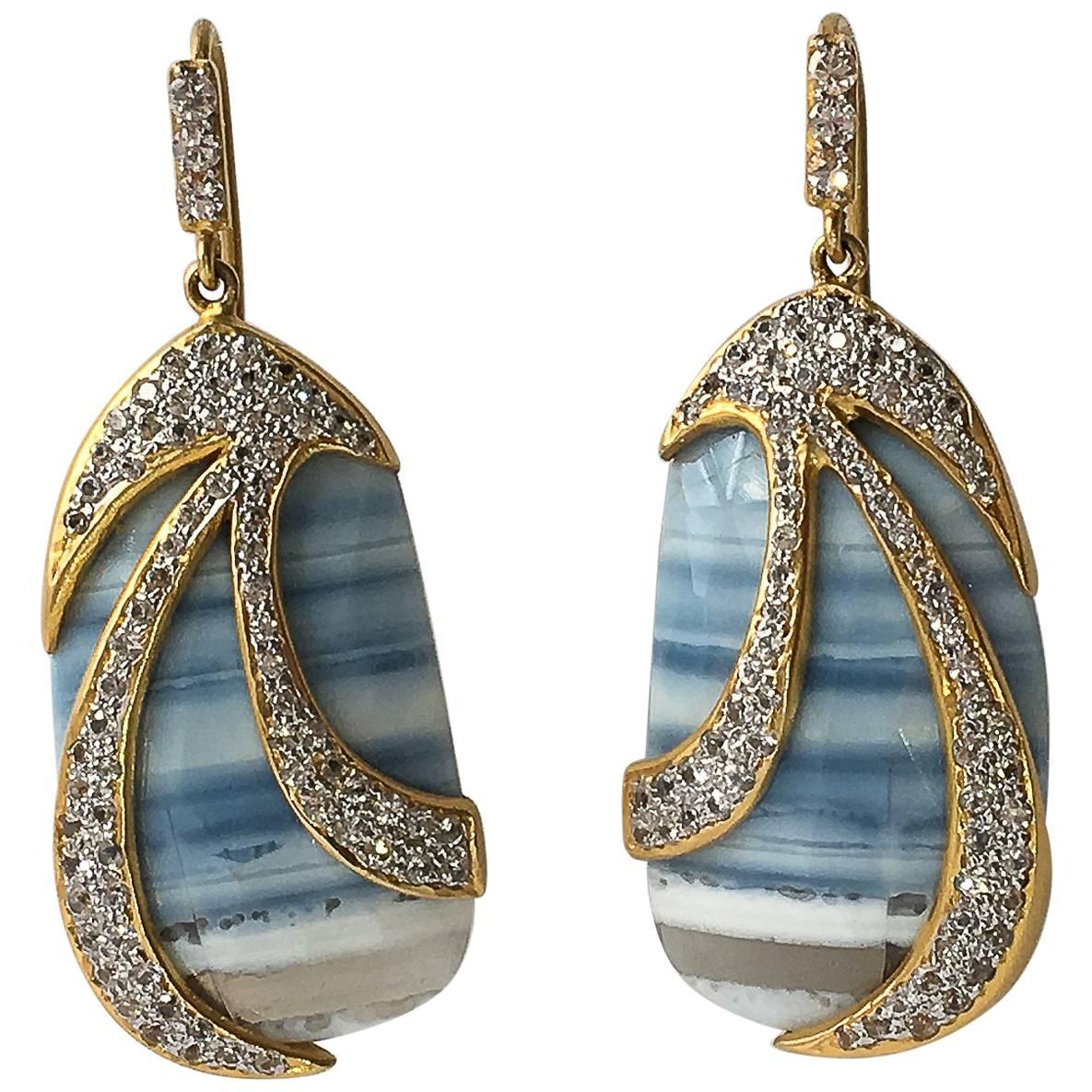 Lauren Harper Collection African Opals, Sapphires, 18 Karat Gold Drop Earrings For Sale