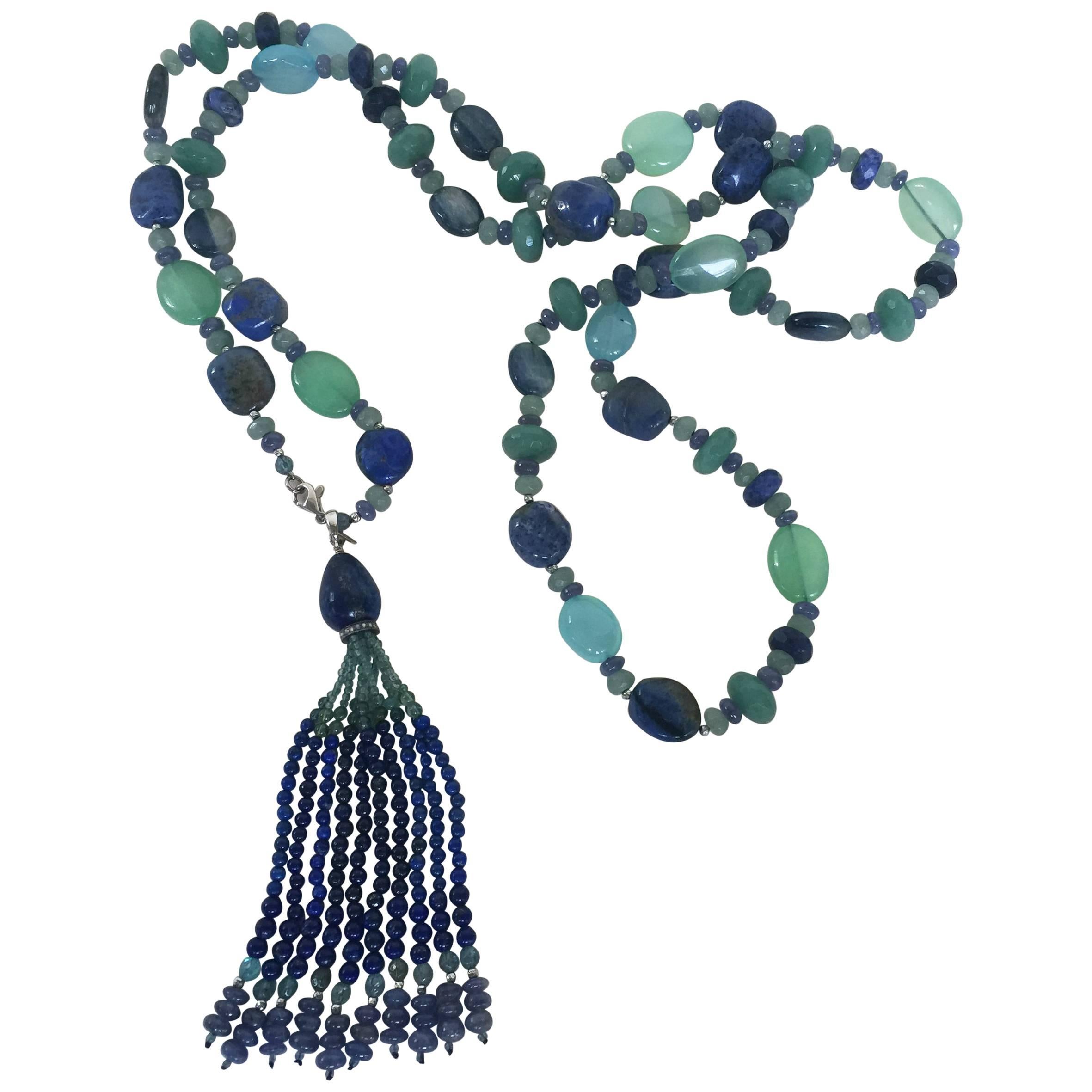 Blue and Green Semi Precious Stone Sautoir with 14 Karat White Gold and Tassel