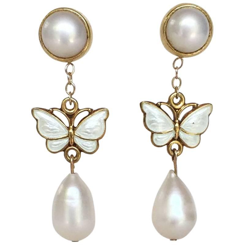 14 k gold , Pearl and Vintage Enameled Butterfly Earring by Marina J