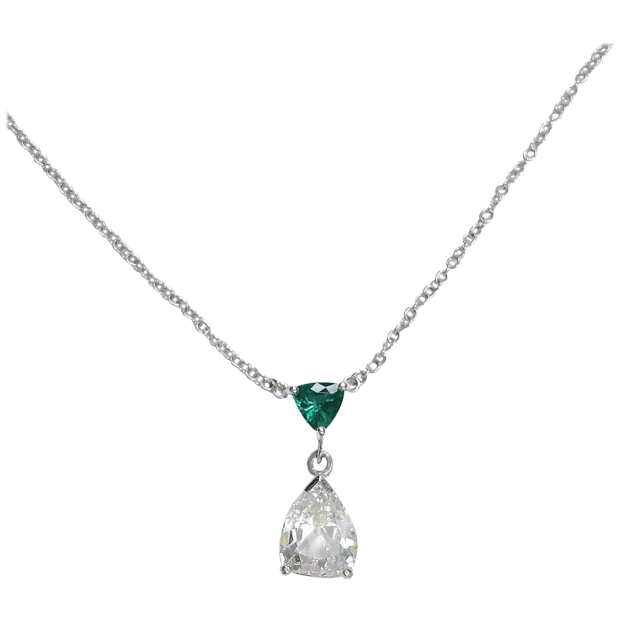 Diamond and Emerald Drop White Gold Necklace