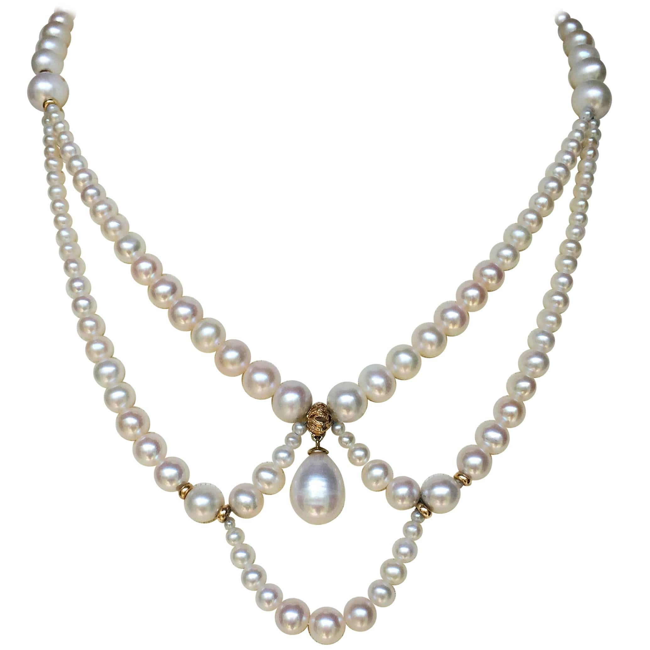 Graduated Pearl Draped Necklace with 14 Karat Gold Beads and Clasp by Marina J