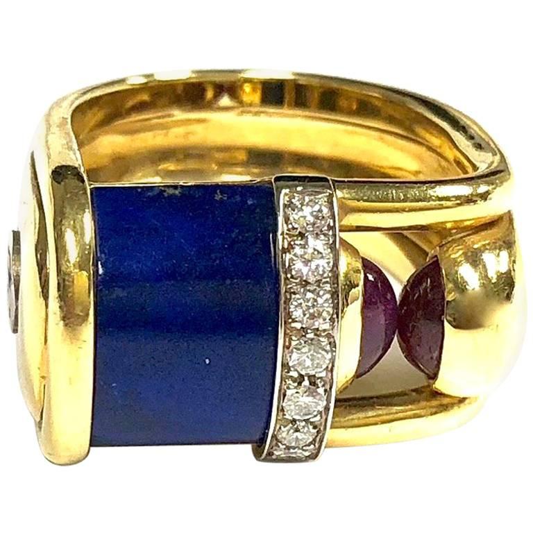 Modernist Style Centoventuno Lapis Lazuli Diamond and Ruby Gold Ring