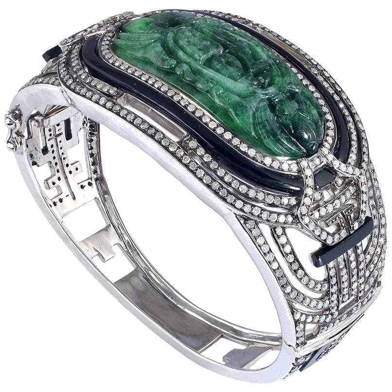 Carved Jade and Pave Diamond Bangle In 18k White Gold & Silver