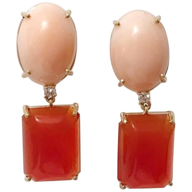 Andrew Clunn Geometric Drop Earring with Coral and Carnelian and Diamond For Sale