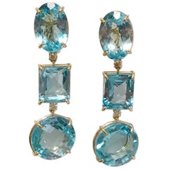 18 Karat Yellow Gold Three Drop Earring with Blue Topaz and Diamond