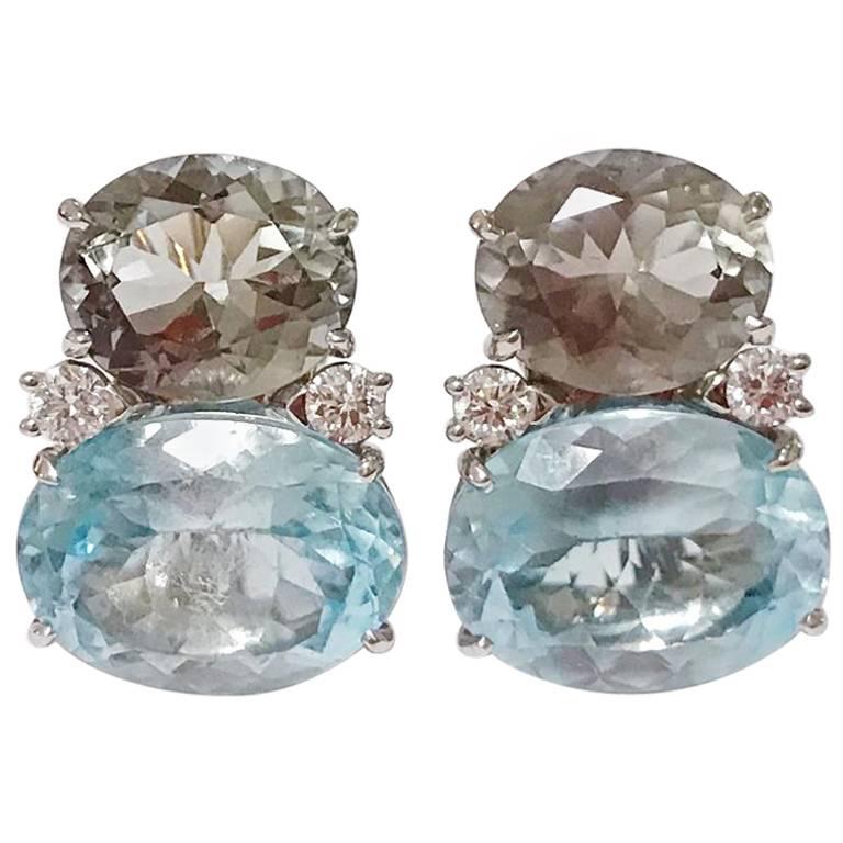 Large Gum Drop Earrings with Green Amethyst and Pale Blue Topaz and Diamonds For Sale