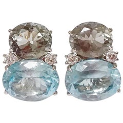 Large Gum Drop Earrings with Green Amethyst and Pale Blue Topaz and Diamonds