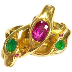  Three Headed Snake Serpent Ruby and Emerald Gold Ring
